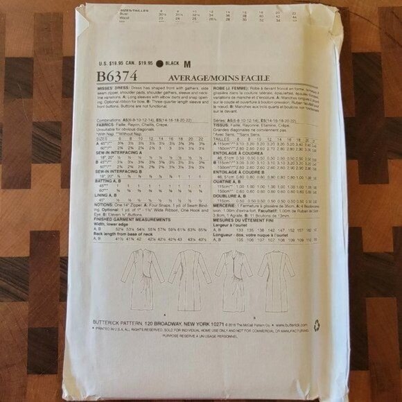 Butterick 6374 - Uncut - 1944 Vintage Reproduction - Sizes 6-14 - Picture 2 of 3